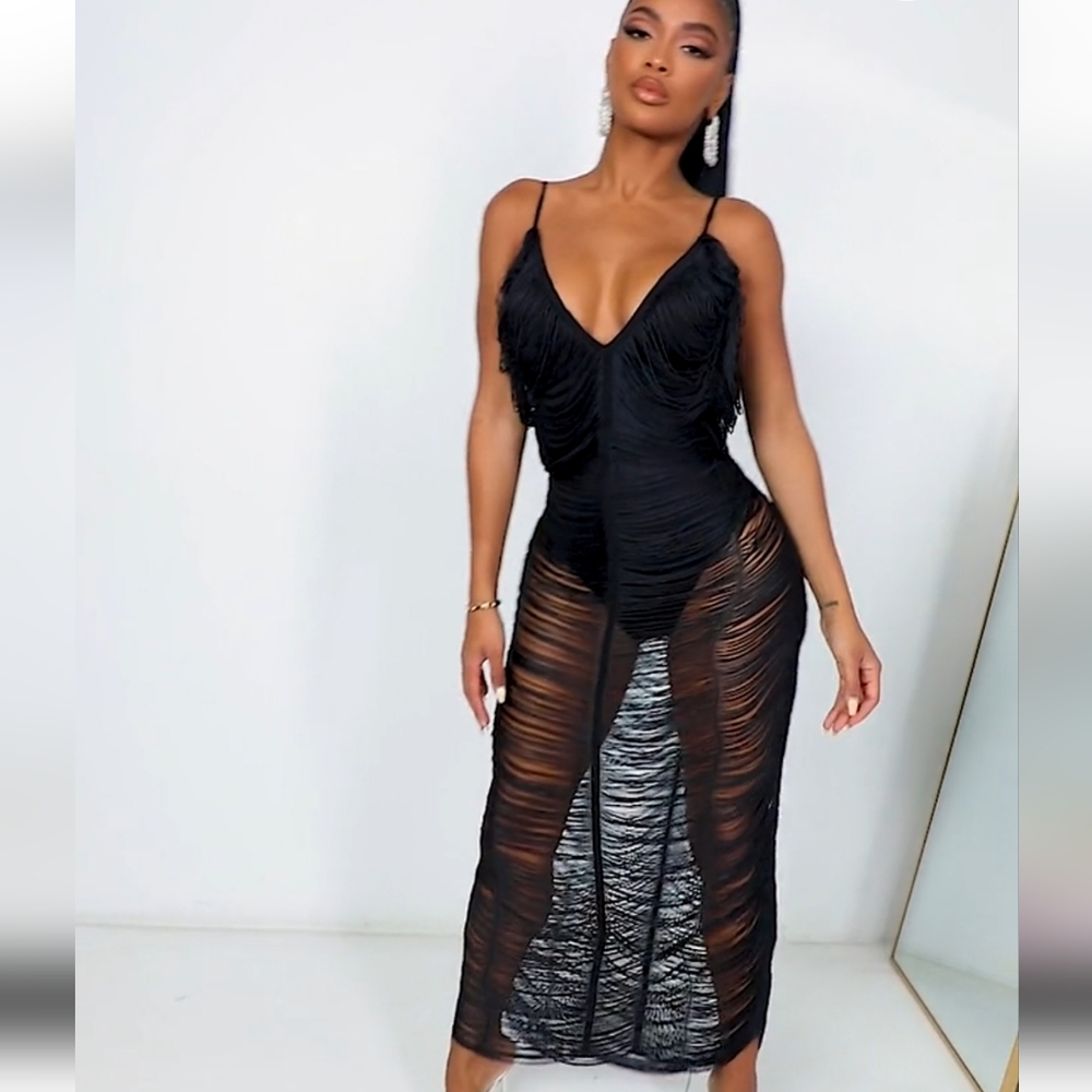 Shape Black Fringe Detail Midaxi Dress Pretty Little Thing 18 (UK-Size)